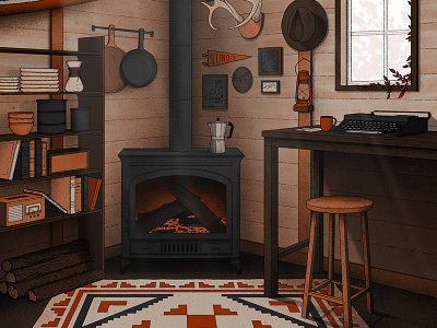 Cabin Home cabin coffee fireplace home house illustration interior rug rustic stove typewriter