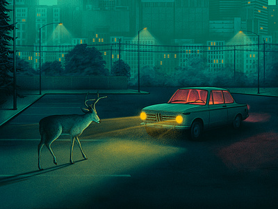 A Sudden Rustle animal bmw car deer headlights illustration moegly nashville night nighttime parking lot poster screen print shadows
