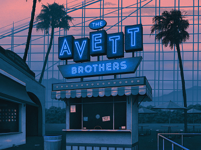 The Avett Brothers Poster amusement park band band merch california concert gig poster illustration neon neon sign nighttime palm trees poster sunset