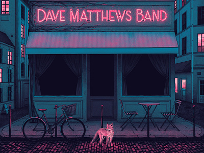 Dave Matthews Band Poster band band merch bicycle cafe coffee shop concert fox gig poster illustration neon neon sign nicholas moegly nighttime paris poster screen print