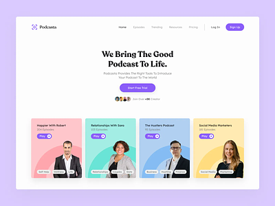 Podcasta – Podcast Hosting Landing Page audio clean design clean ui header hero section homepage landing page live streaming minimal minimalist podcast podcast landing page podcast website podcaster podcasting streaming ui design website design
