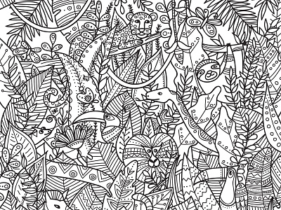 Jungle Coloring Page animals coloring book coloring page colouring doodle doodleart drawing illustration jungle line art outline rainforest toucan tropical tropical leaves vector vector illustration wild animals wildlife zentangle