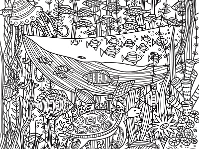 Underwater Life Coloring Page coloring book coloring page colouring detailed doodle doodleart ethnic fishes illustration line art marine life ocean life ornament outline sea life turtle underwater vector illustration whale zentangle