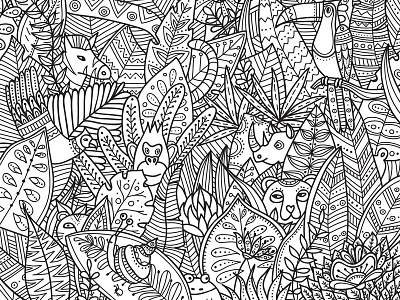 Jungle Coloring Page animals bird coloring book coloring page colouring detailed doodle doodleart illustration jungle line art ornament outline rainforest toucan tropical tropical leaves vector illustration wildlife zentangle