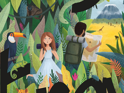 African journey adventure africa animal childrens illustration colorful couple hike illustration journey jungle kidlitart kids illustration leaves monkey photoshop rainforest toucan travel tropical wildlife