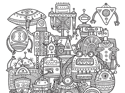 Robots Coloring boho book childrens coloring detailed doodle doodleart drawing hand drawn illustration kidlitart kids lineart ornament ornaments outline page robot vector zentangle