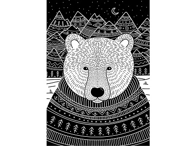 Bear in sweater animal black and white boho design doodle doodleart drawing ecology endangered enviroment illustration line art mountains ornament outline polar bear species sweater vector zentangle