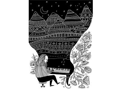 Lubomyr Melnyk black and white boho design doodle doodleart drawing ethnic flowers illustration kidlitart mountains music ornament outline poster traditional ukraine ukrainian vector zentangle