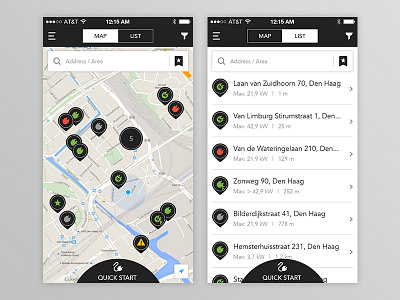 E-car charger app: map view & list view car charge list map