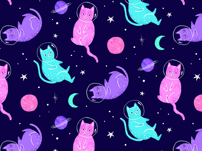 Cosmic Cats cats design illustration pattern design planets repeat pattern space stars