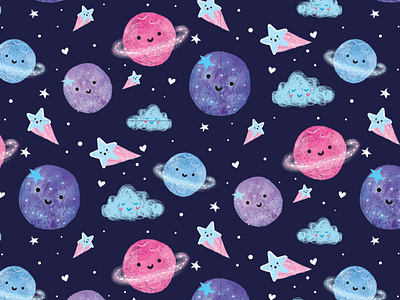 Dreamy Planet clouds cosmic cosmos design faces happy happy faces illustration kidsillustration nightsky nighttime planet repeat pattern shooting star space stars