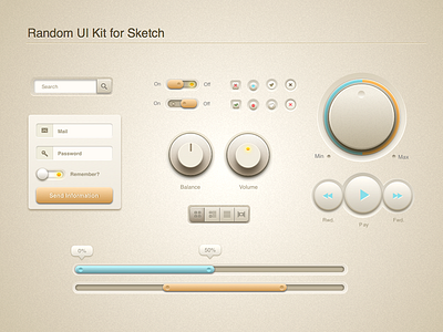 Random UI Kit (for Sketch) assets form fwd kit menu play rwd scroll search sketch ui volume wheel