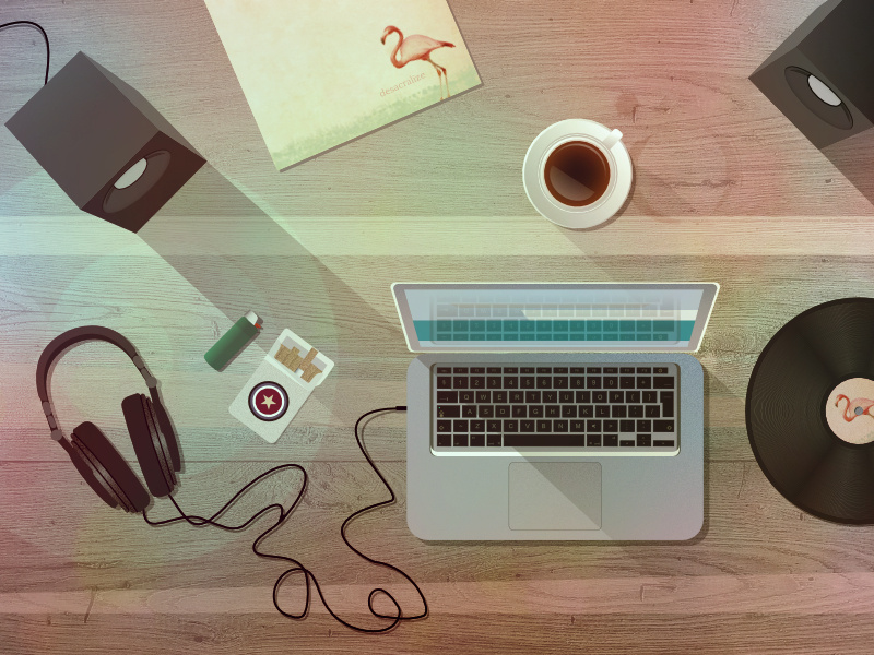 A desk view from top - vector illustration. top view lighter cigarrettes music dj office headphones speakers vinyl coffee illustration desktop
