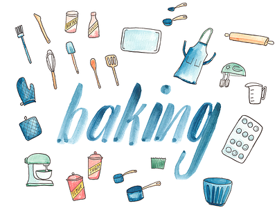 Watercolor Baking Supplies baking doodles drawings illustration kitchen vector watercolor