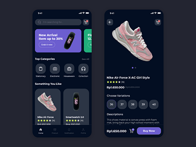 E-Commerce Home and Product Page - Dark Mode app clean dark design minimal ui