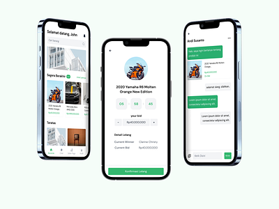 MoLelang: Home, Chat and Bid UI Screen app auction bid chat clean design green minimal mobile ui