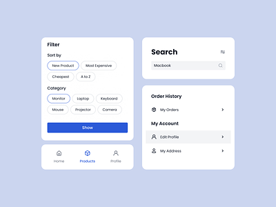 UI Component: Search, Menu, Filter app blue clean component design designsystem filter menubar minimal searchbar ui