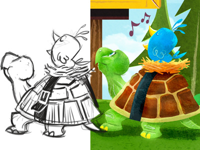 Bird and Turtle bird character design character development childrens book illustration illustrator line work texture turtle