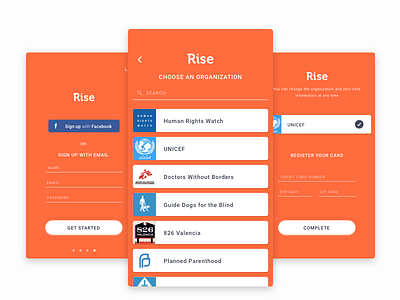Rise - Sign Up Screens mobile nonprofit onboarding signup ui ux
