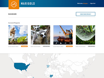 Marigold Dashboard - Project thumbnails create new project dashboard data map marigold overview publish scientific papers stats thumbnails unpublish white papers