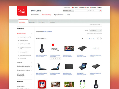 Verizon Brand Central - Home dashboard filter filtering homepage navigation pagination search website