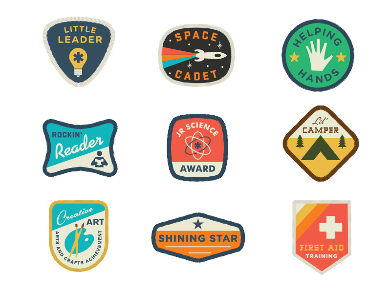 Land Of Nod Badges patches badge honor bedding boys vintage color texture logo type rocket kids
