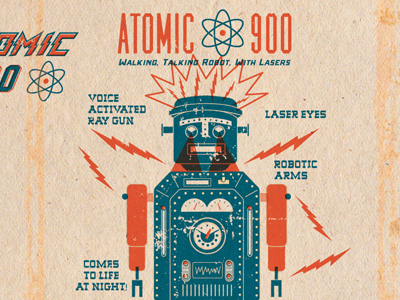 Atomic 2 blue design graphic illustration laser letter logo packaging ray gun robot texture tin tin robot toy vintage