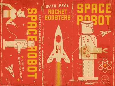 Box Rd 2 design end of world fun happy logo packaging red space texture tin robot vintage