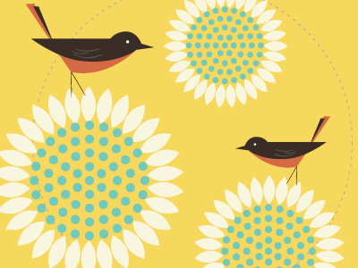 Birdies bird color eat flower gold illustration logo mid century plate vintage yellow