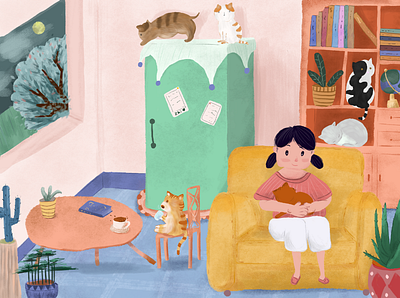 The Cat living room illustration photoshop