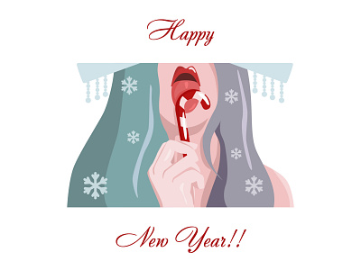 Happy New Year! 2021 card design felicitation flat girl hand happy new year illustration lick licking lollipop love minimal postcard snow snow maiden snowgirl tongue winter