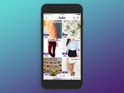 Outlet Feed app display feed fresh ios iphone mobile app purple shopping teal ui design
