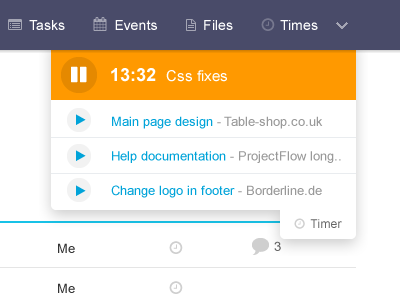 ProjectFlow: Timetracking dropdown flat menu tab time tracking webapp