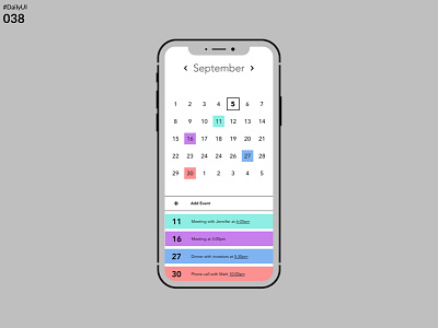 DailyUI 038 - Calendar Element dailyui design mobile mockup sketchapp ui uidesign user experience ux uxui