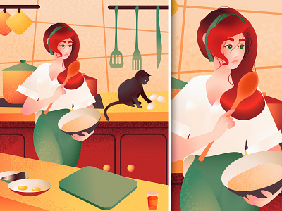 Cooking. Vector illustration. cat cooking dishes flat food girl illustration kitchen vector woman