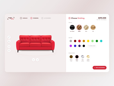 Sofa configurator - web app 2021 3d app clean configuration customize design details figma options process red settings shopping steps ui user experience ux wireframes