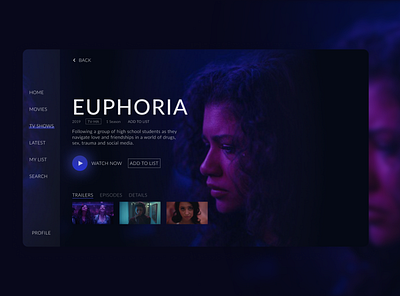 TV App Euphoria app dailyui design gradient hbo tv tv app tvapp ui ux vector website