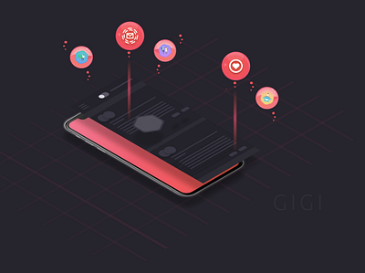 Isometric Phone app branding design features gradient grid grid design hero image hero section ios isometric isometric design isometric illustration landing page ui ux vector vector art website wireframe