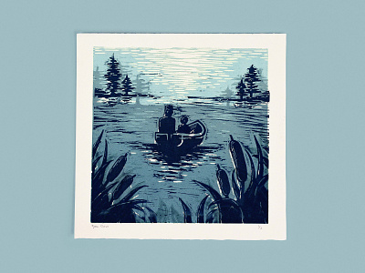 Linocut - Row Boat boat illustration lake linocut print water