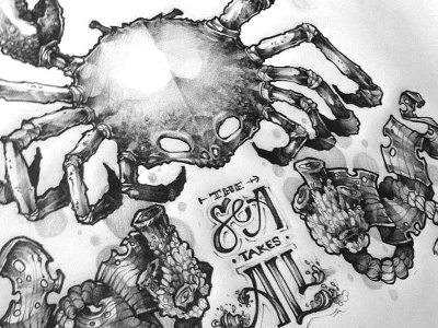 King of the Sea crab handdone illustration ocean pencil poster sea skull type typography underwater waves