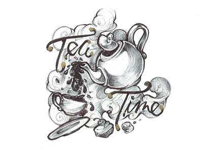 Tea Time black design illustration pot tea time type typography white