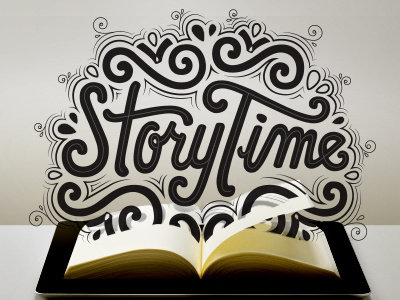 Story time art black book flourishes illustration story type typography white