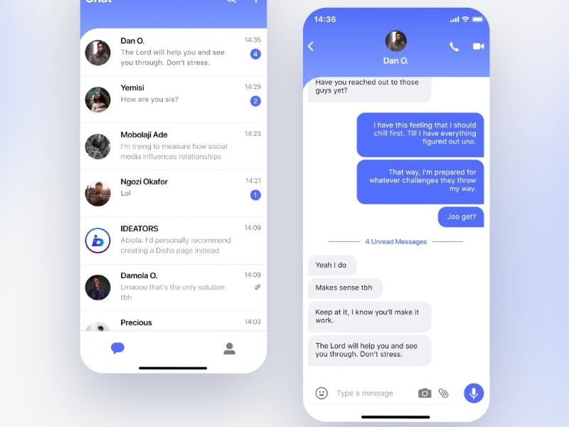 Chat App UI Design Concept designed by Aderinsola Oluwafemi. 