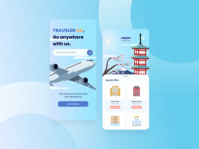 Traveler Go Mobile App airlines app booking design flat flight graphic design holiday hotel illustration japan mobile app plane travel ui ux vacation
