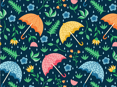 OR Spring rain fabric floral flowers illustration leaves rainy textile umbrella