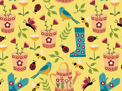 Flower garden bee birds design fabric floral flower garden flowers garden ladybug leaves repeat pattern spring surface pattern design