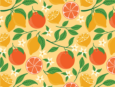 Citrus freshness design fabric illustration leaves lemon orange repeat pattern surface pattern design textile yellow