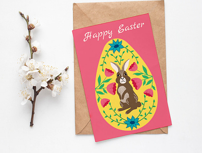 Easter egg bunny and flowers easter design easter egg easter greeting card easter illustration flat design happy easter vector illustration