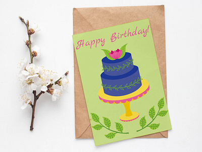 Birthday cake birthday card cake greeting card flat design flowers happy birthday happy holiday vector art