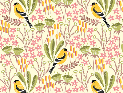 Finch birds pattern fabric finch pattern flat design floral pattern print design repeating pattern seamless pattern surface pattern surface pattern design textile vector pattern